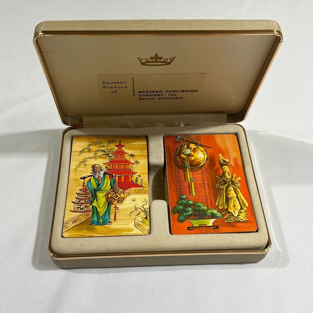 Vintage Western Publishing Asian Pagoda Double Deck Playing Cards Case Set